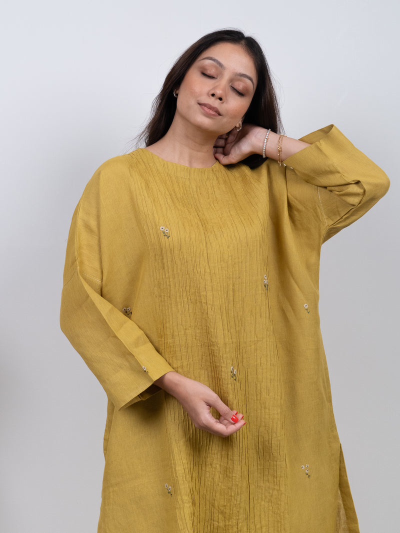Linen Hand Embroidered Kurta - Yellow