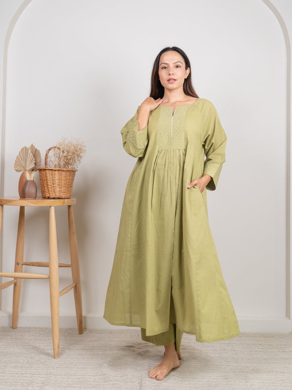 Cotton Hand Embroidery Kurta - Green
