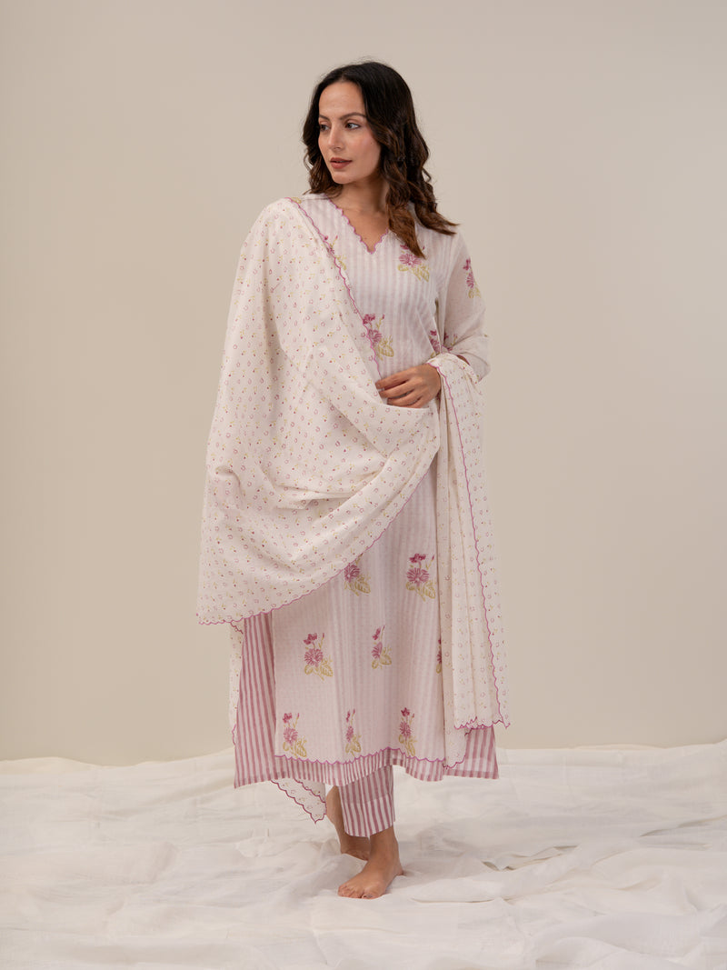Chanderi Hand Block Printed Dupatta - White