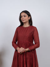 Chanderi Hand Block Printed Embroidered Kurta - Red