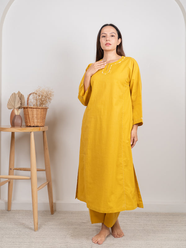 Cotton Hand Embroidery Kurta - Yellow