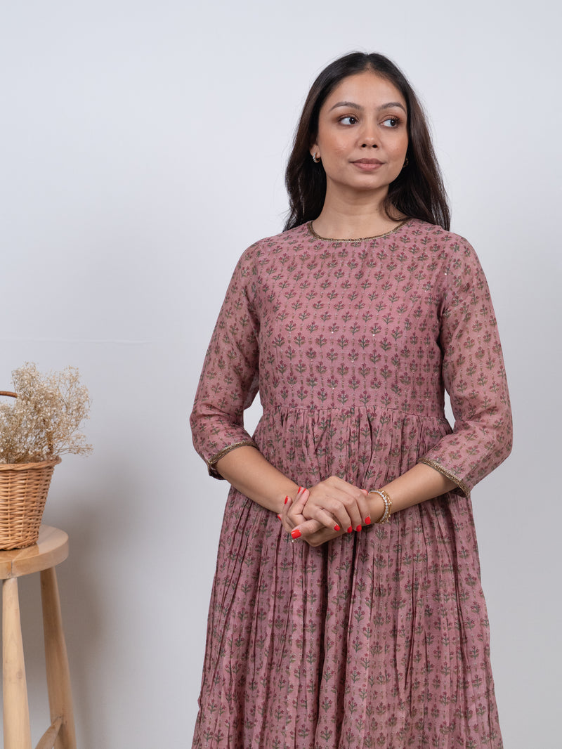 Chanderi Hand Block Printed Embroidered Kurta - Pink