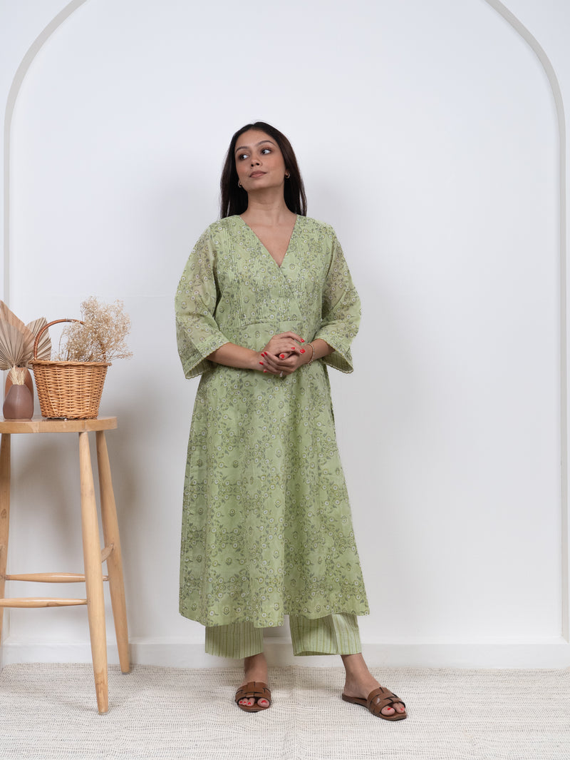 Cotton Hand Block Printed Parallel - Green
