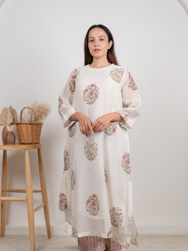 Chanderi Hand Block Printed Kurta- White