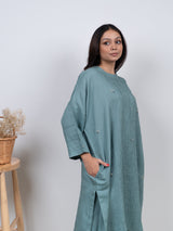 Linen Hand Embroidered Kurta - Blue