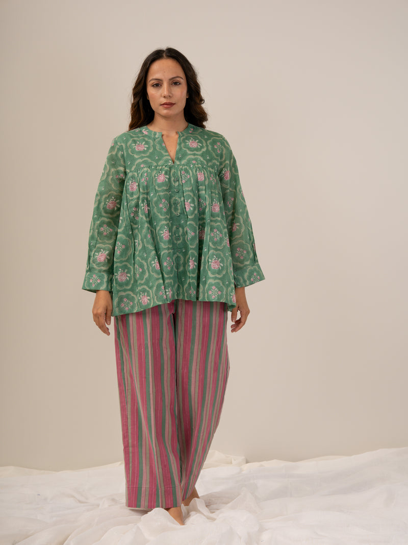 Cotton Hand Block Printed Parallel - Green