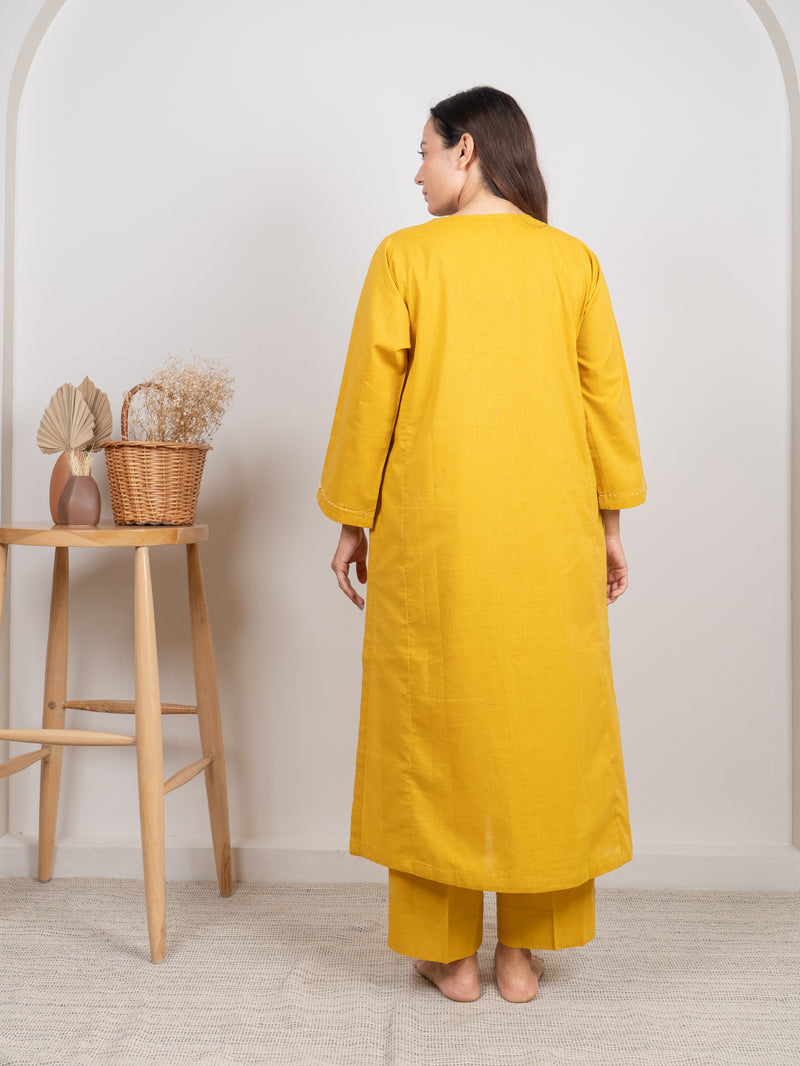 Cotton Hand Embroidery Kurta - Yellow