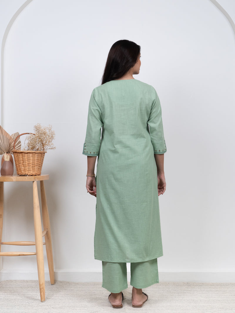 Cotton Hand Embroidery Kurta - Green