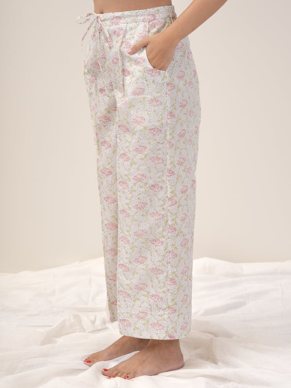 Cotton Hand Block Printed Palazzo - White