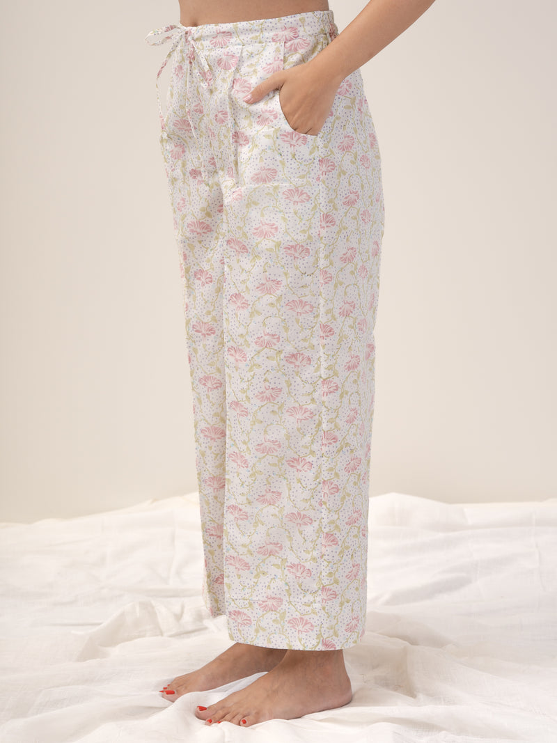 Cotton Hand Block Printed Palazzo - White