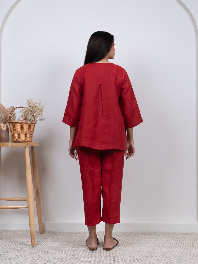 Linen Hand Embroidered Top - Red
