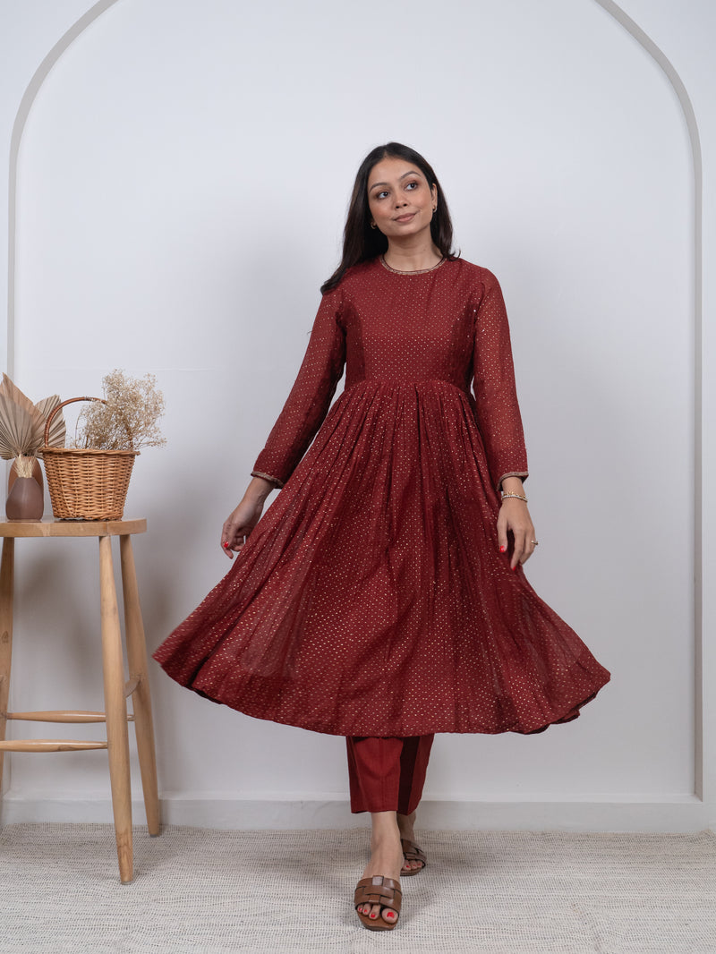 Chanderi Hand Block Printed Embroidered Kurta - Red