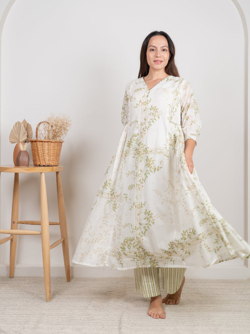 Cotton Hand Block Printed Kurta - White