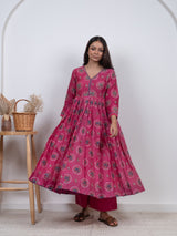 Chanderi V Neck Flare Kurta - Pink
