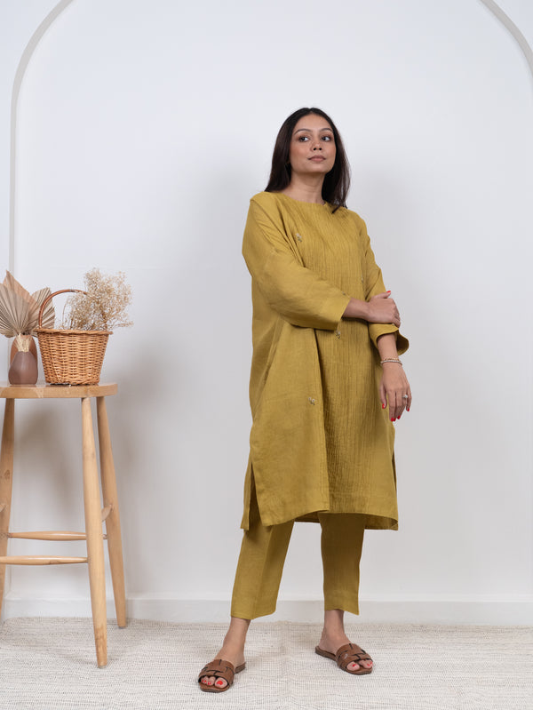 Linen Hand Embroidered Kurta - Yellow