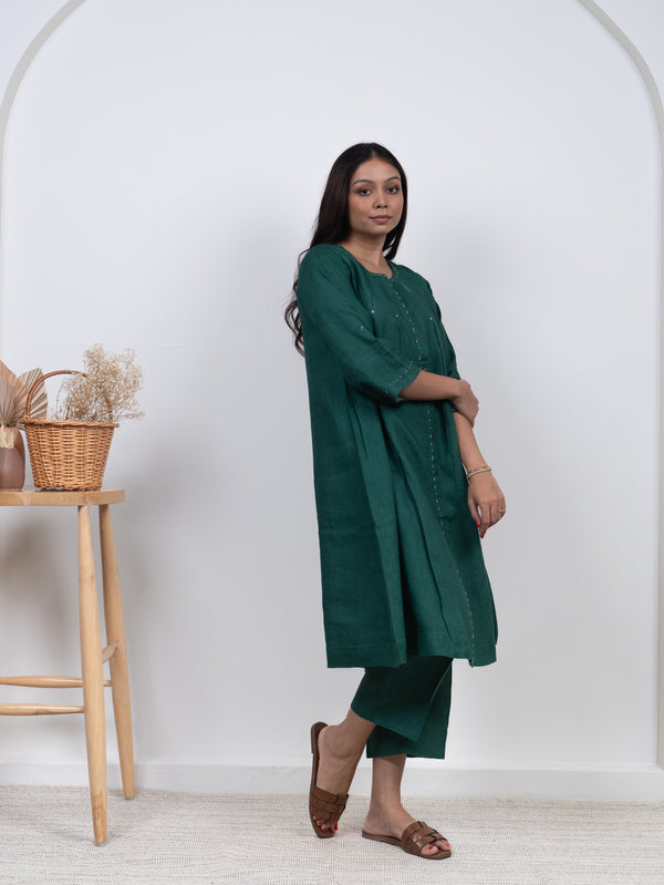 Linen Hand Embroidered Tunic - Green