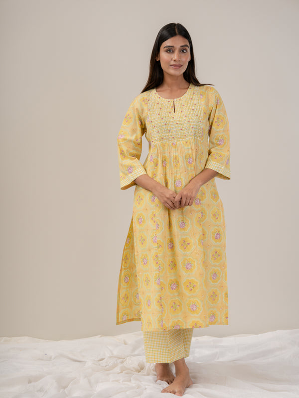 Cotton Hand Block Printed Kurta - Yellow