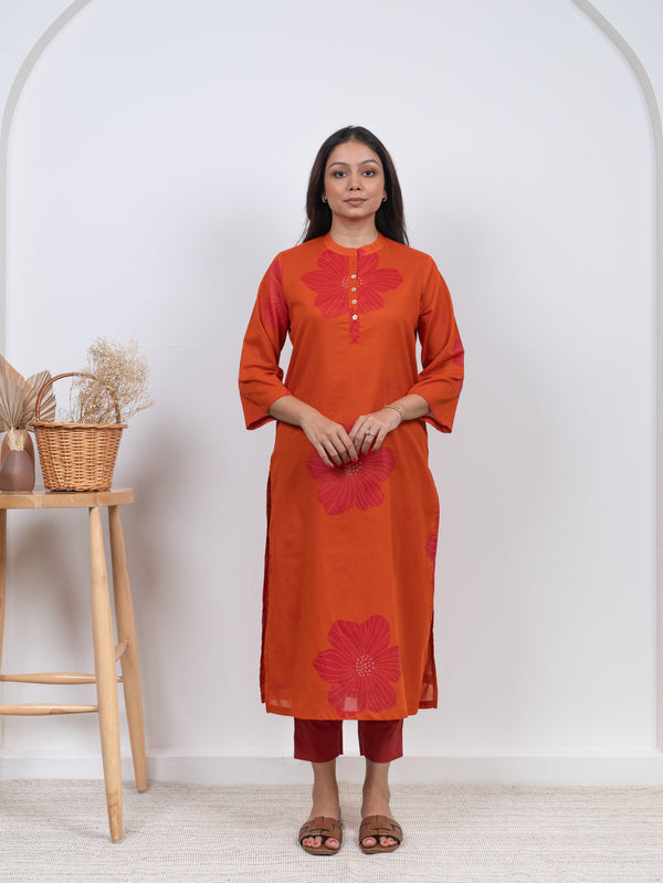Cotton Screen Printed Kurta - Orange