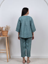 Linen Hand Embroidered Top - Blue