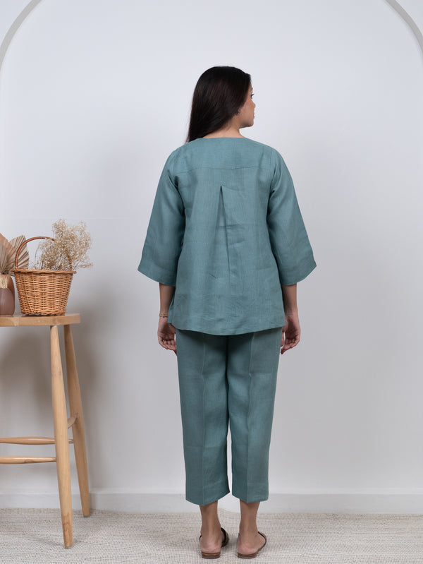Linen Hand Embroidered Top - Blue