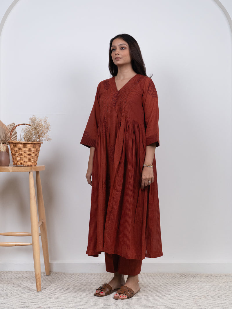 Cotton Hand Block Printed Kurta - Rust