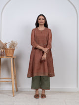 Chanderi Hand Block Printed Embroidered Kurta - Peach