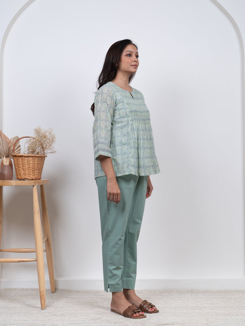 Cotton Hand Block Printed Top - Green