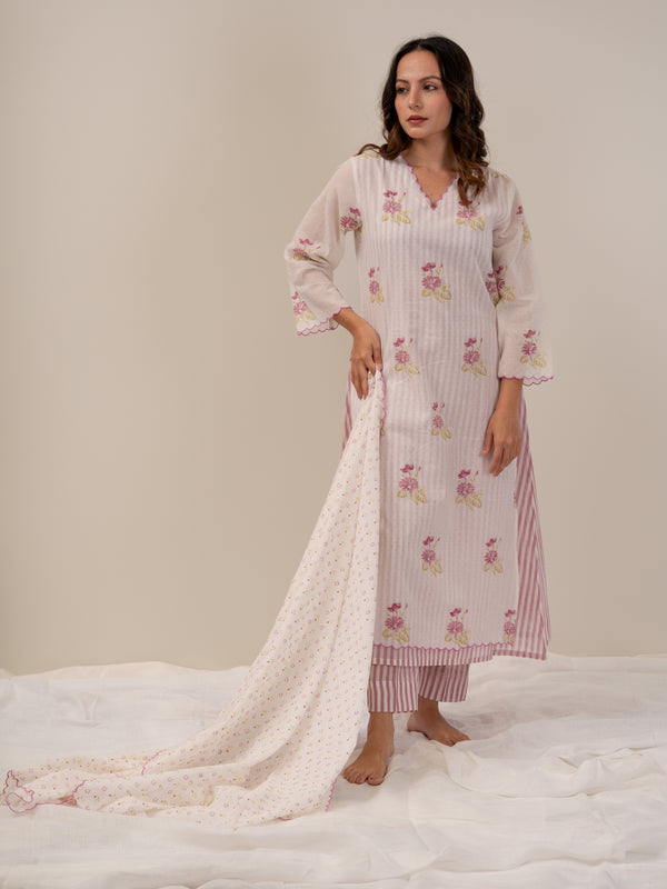 Cotton Hand Block Printed kurta- White