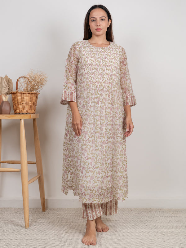 Chanderi Hand Block Printed Kurta- White
