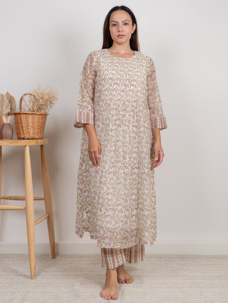 Chanderi Hand Block Printed Kurta- White