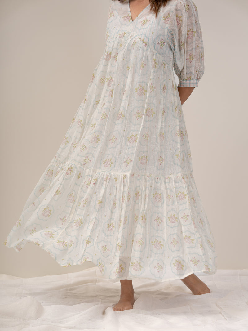 Cotton Hand Block Printed Dress - White