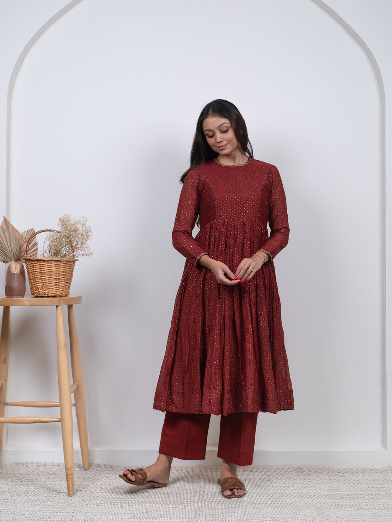 Chanderi Hand Block Printed Embroidered Kurta - Red