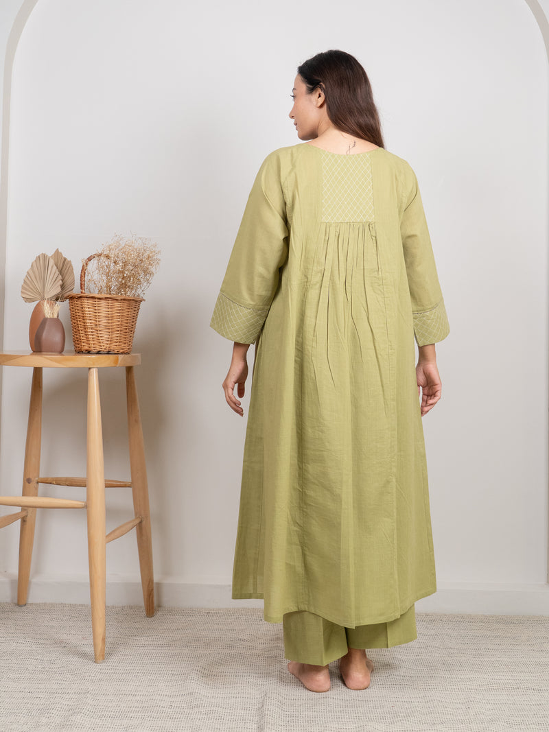 Cotton Hand Embroidery Kurta - Green