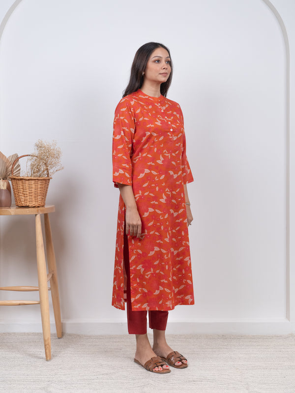 Cotton Screen Printed Kurta - Orange