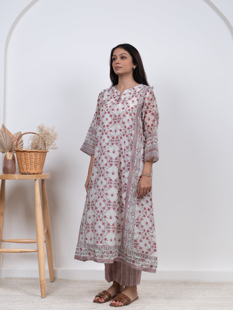 Chanderi Hand Block Printed Kurta- White