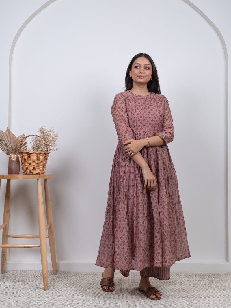 Chanderi Hand Block Printed Embroidered Kurta - Pink
