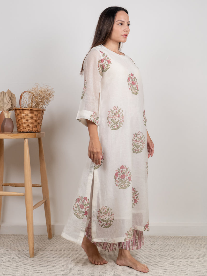 Chanderi Hand Block Printed Kurta- White