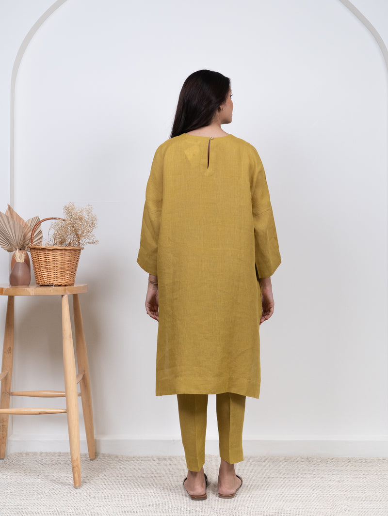Linen Hand Embroidered Kurta - Yellow
