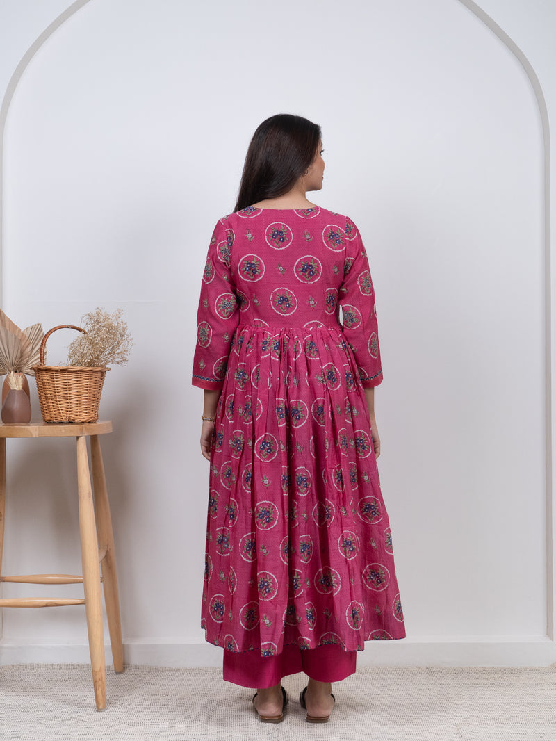 Chanderi V Neck Flare Kurta - Pink