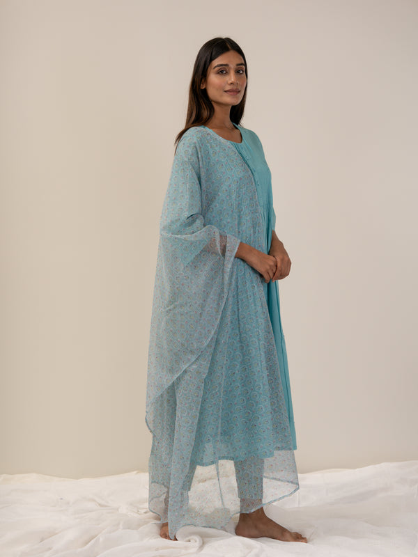 Cotton Kota Doria Hand Block Printed Dupatta - Blue