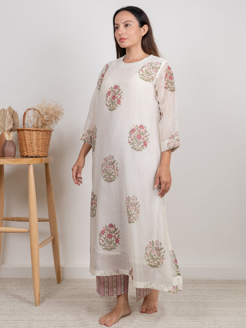 Chanderi Hand Block Printed Parallel - White