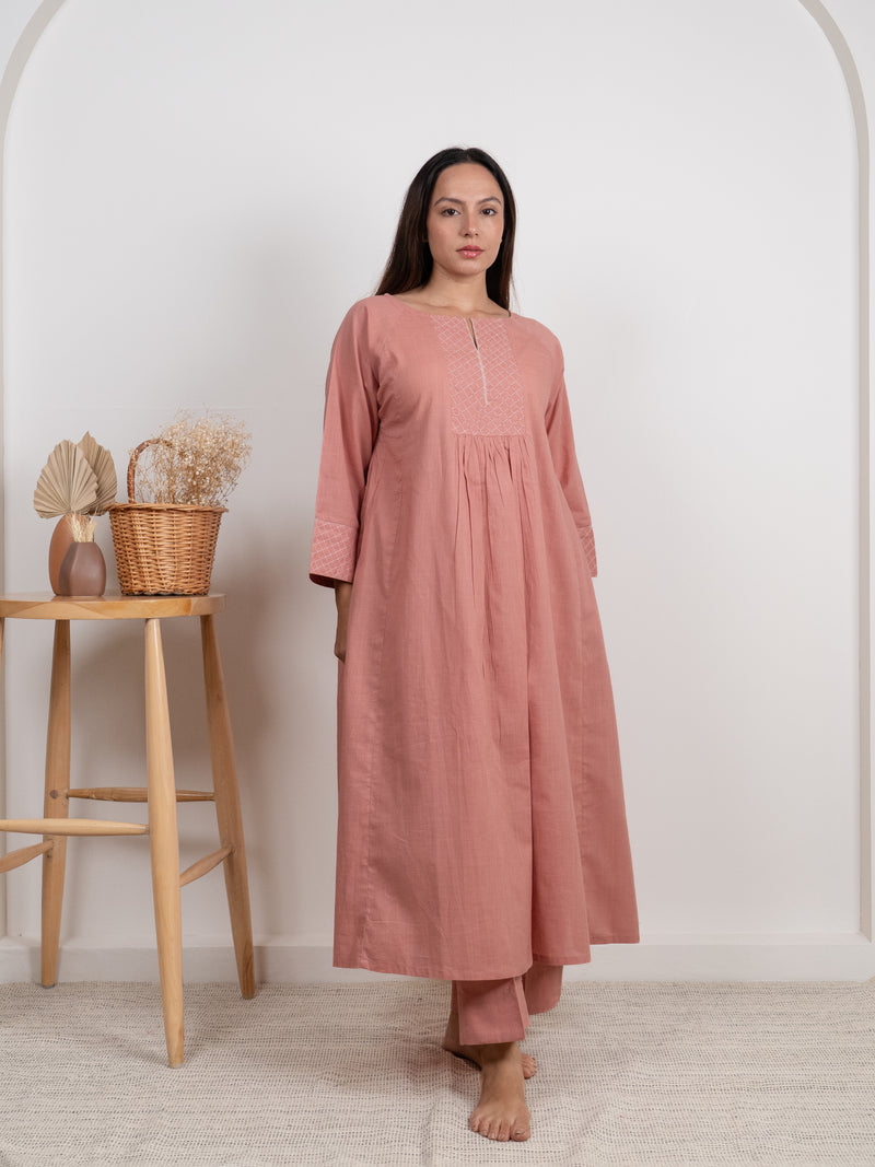 Cotton Hand Embroidery Kurta - Peach