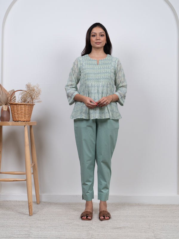 Cotton Hand Block Printed Top - Green