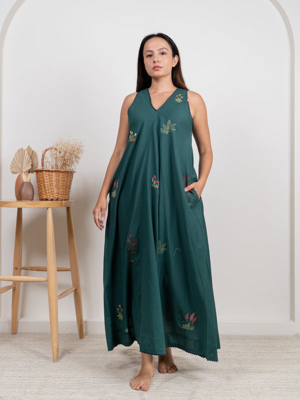 Cotton Hand Embroidered Dress - Green