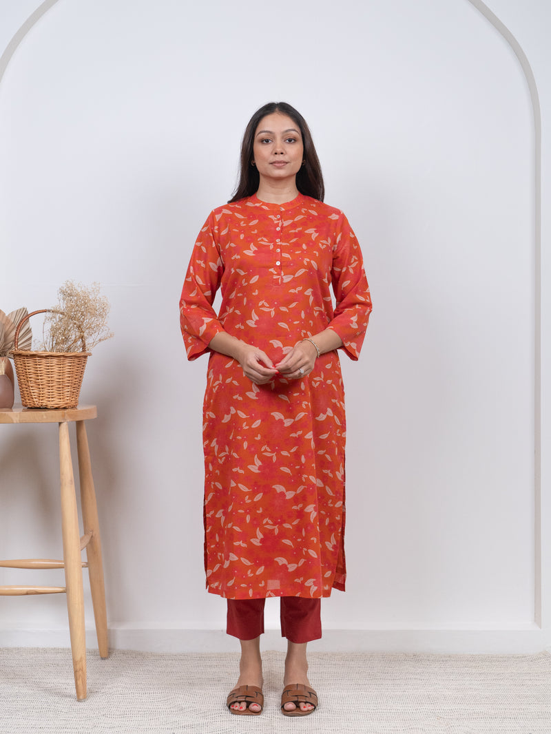 Cotton Screen Printed Kurta - Orange