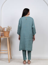 Linen Hand Embroidered Kurta - Blue