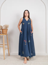 Cotton Hand Embroidered Dress - Blue
