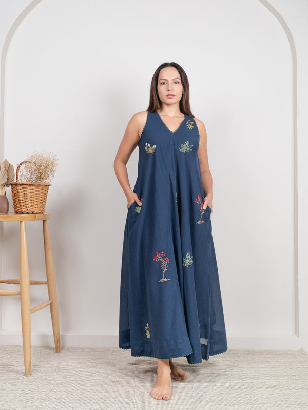 Cotton Hand Embroidered Dress - Blue