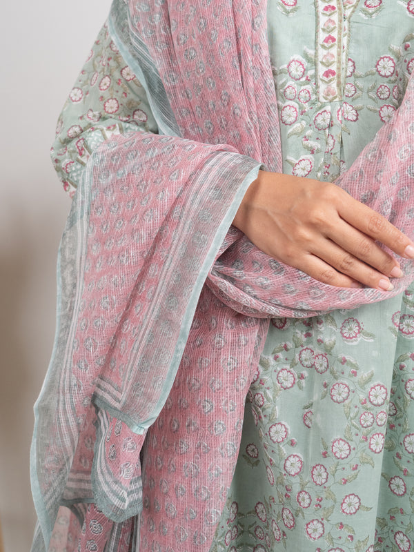 Cotton Kota Doria Hand Block Printed Dupatta - Pink