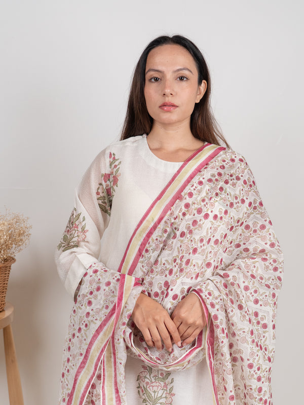 Chanderi Hand Block Printed Dupatta - White